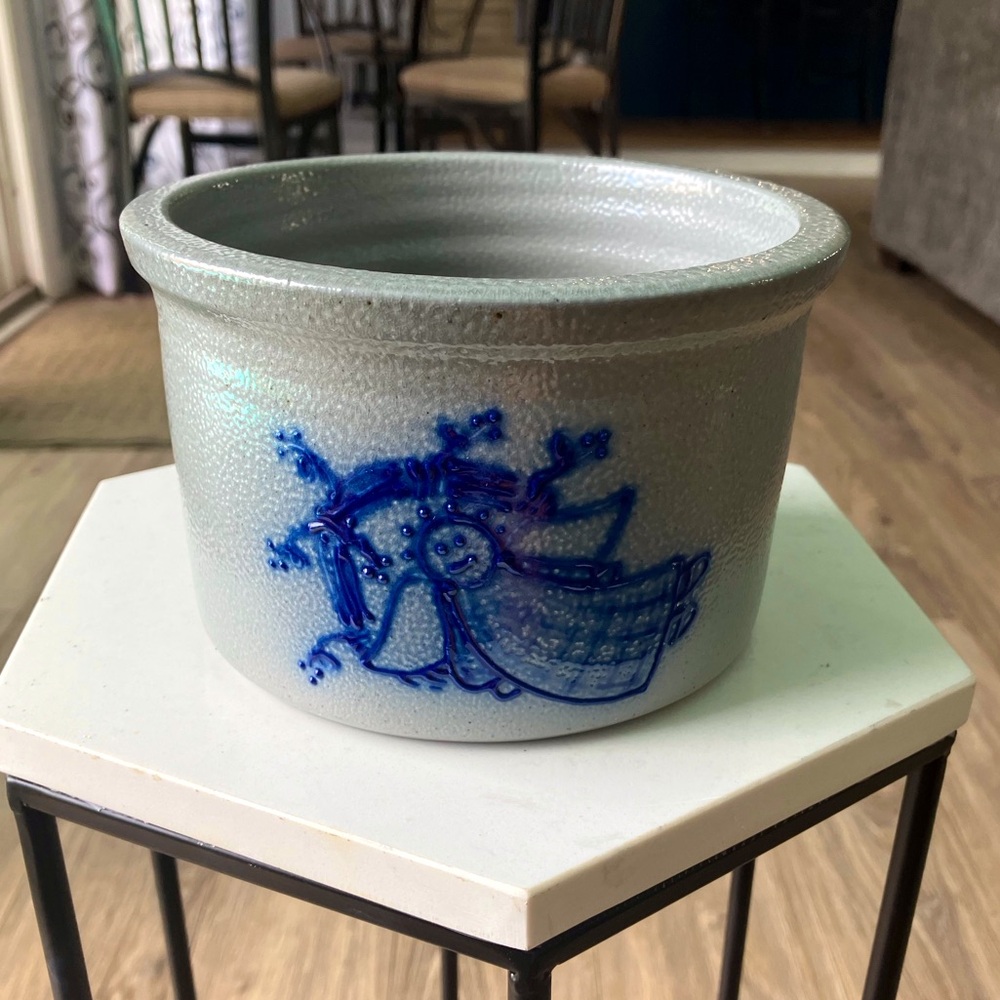 David Eldreth Salt Glazed Pottery Crock Planter 2003 with Angel 4 Inches Tall
